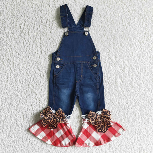 C16-16 girls clothes leopard-print plaid suspender jeans