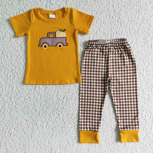 BSPO0007 Embroidered Pumpkin Car Orange Short Sleeve Pants Set