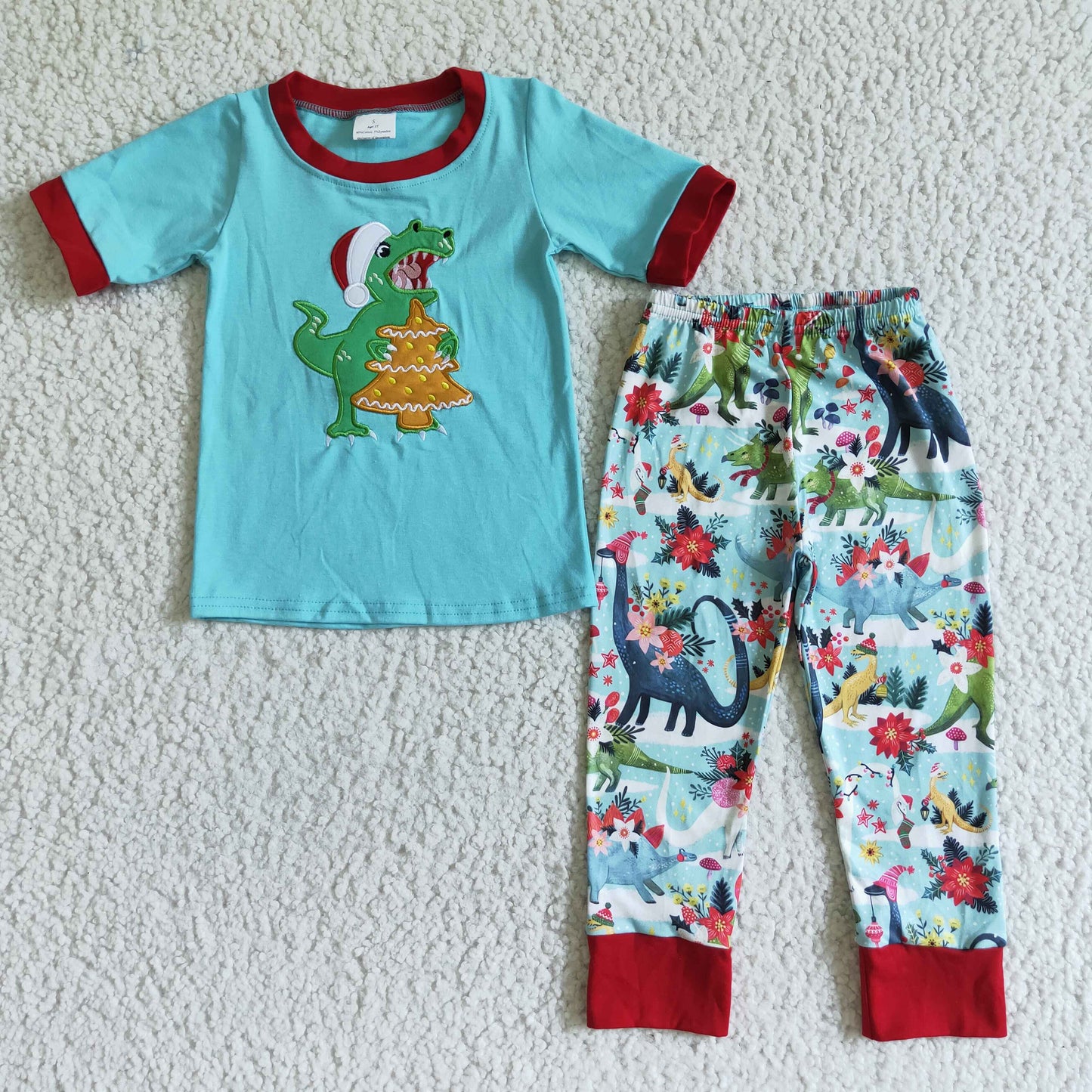 BSPO0008 Embroidered Christmas Dinosaur Blue Short Sleeve Pants Set