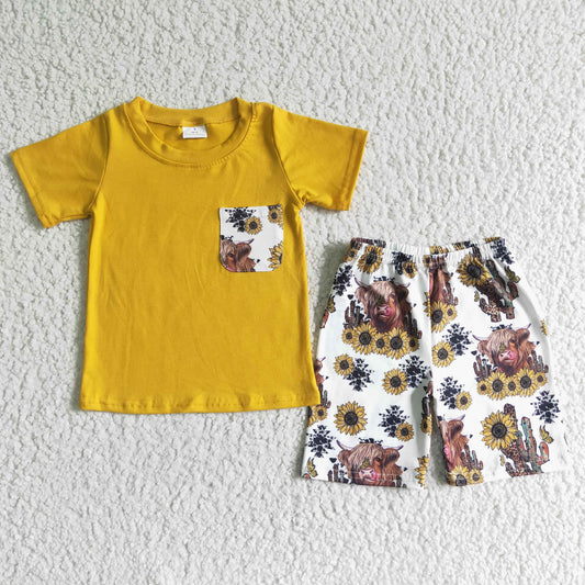 F10-11 Boys Alpine Cow Cactus Sunflower Pocket Short Sleeve Shorts Set