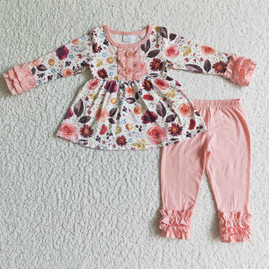 Girls clothing long sleeve long pants outfit flower print milk silk