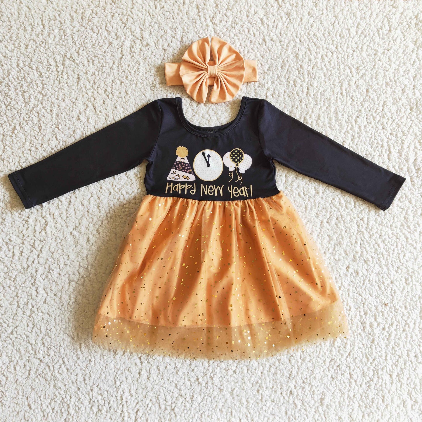 RTS NO MOQ GLD0138 baby happy new year clothing long sleeve kids dresses for girls milk silk