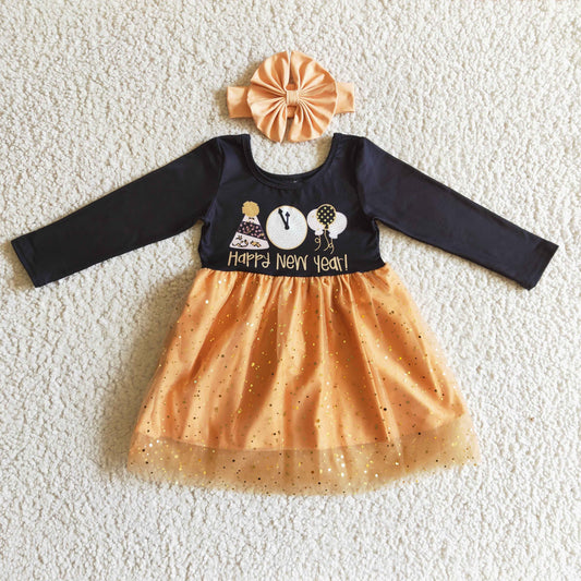 GLD0138 baby happy new year clothing long sleeve kids dresses for girls milk silk