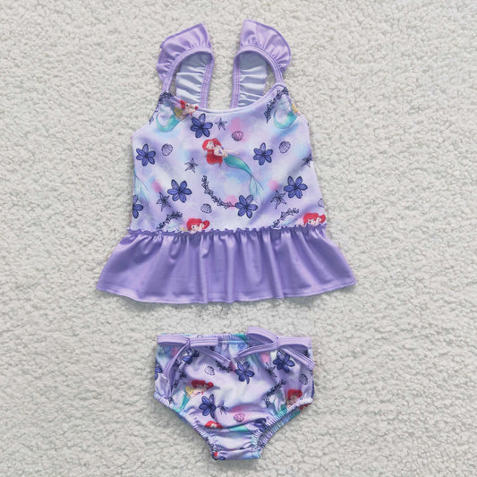 S0037 Girls Mermaid Purple Flower Swimsuit Set