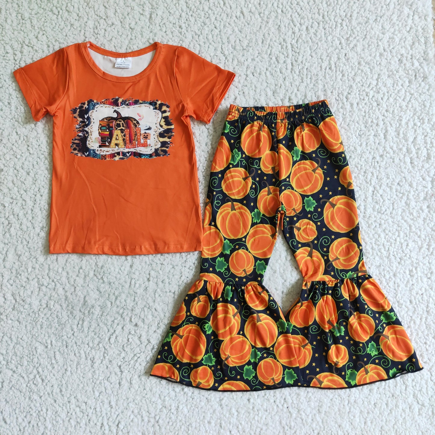 Girls halloween short sleeve long pants set pumpkin print