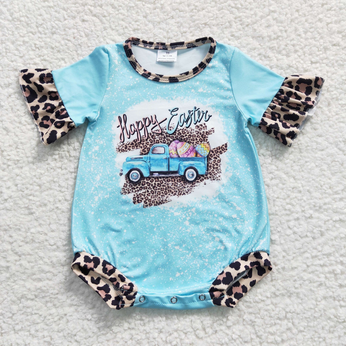 SR0116 Girls Car Easter Egg Blue Short Sleeve Jumpsuit