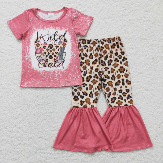 GSPO0254 Kids Clothing Girls Short Sleeve Top And Long Pants Cow Print