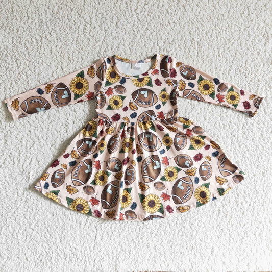 GLD0137 baby clothing long sleeve football and sunflower print kids dresses for girls milk silk