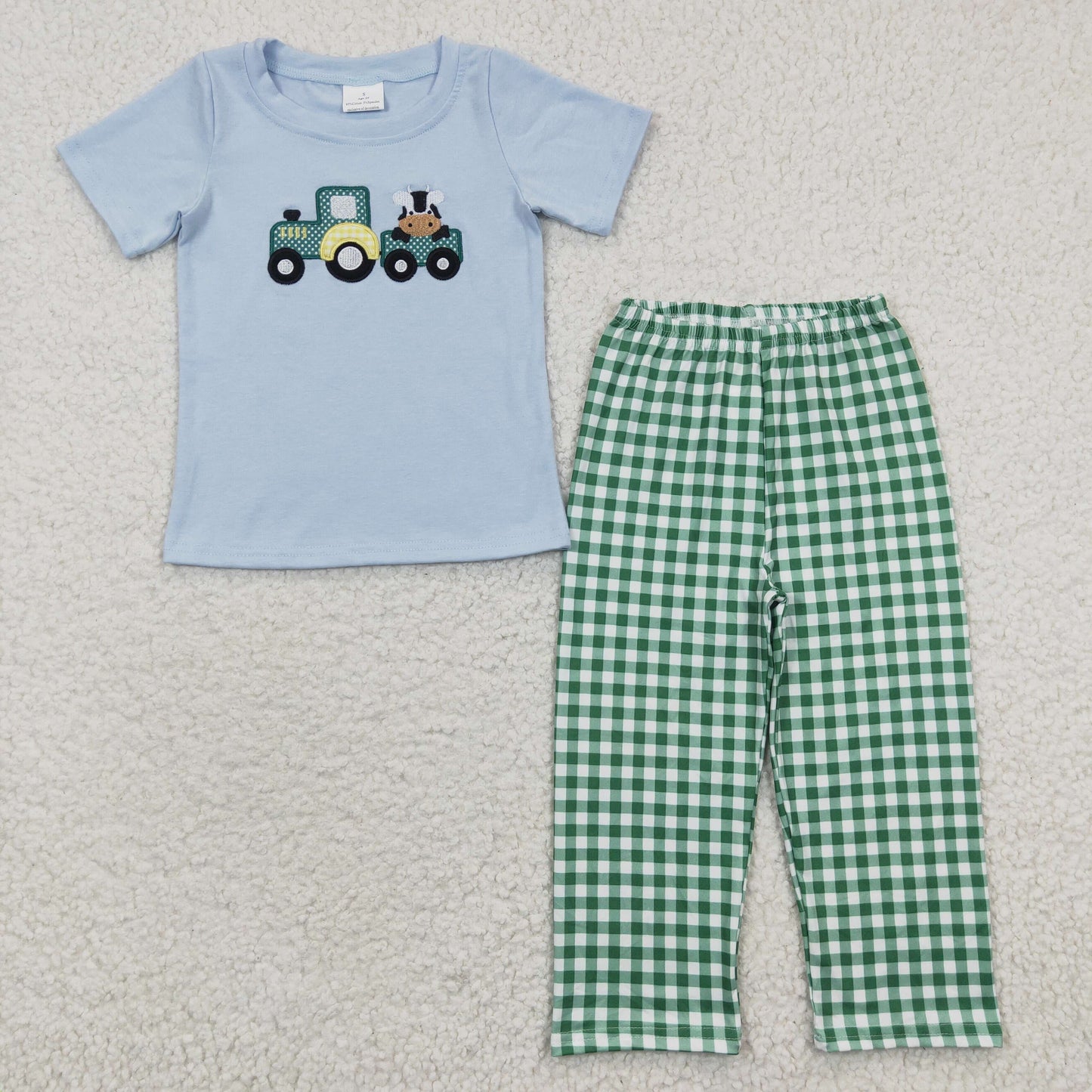 BSPO0089 Boys Embroidered Car Cow Blue Short Sleeve Green Check Pants Set