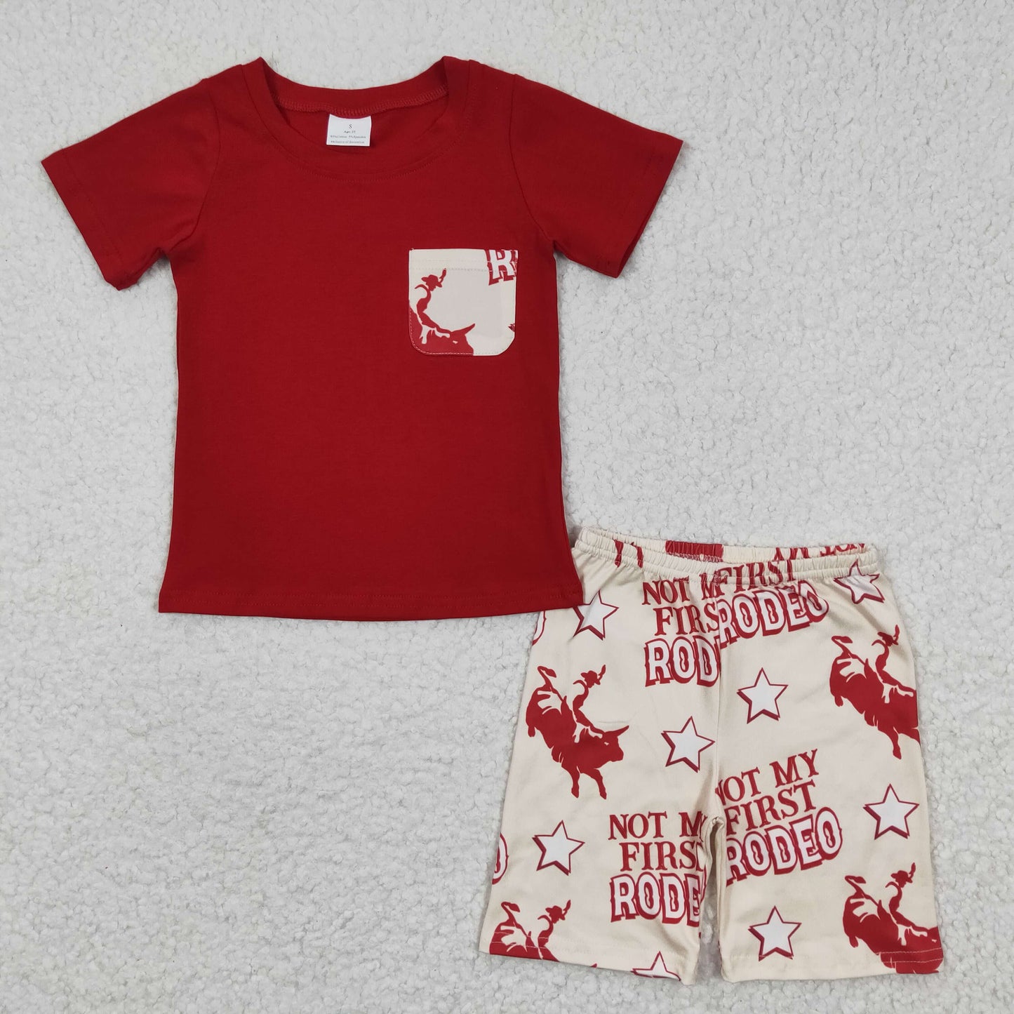 BSSO0146 Boys RODEO Riding Red Pocket Short Sleeve Shorts Set