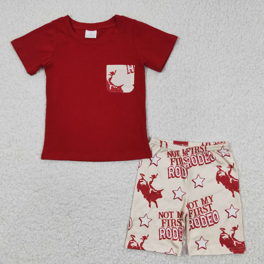 BSSO0146 Boys RODEO Riding Red Pocket Short Sleeve Shorts Set