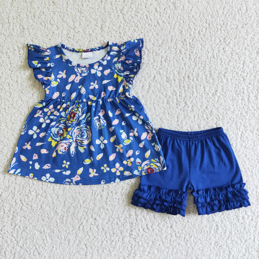 D5-16 Blue flower small flying sleeve top blue shorts