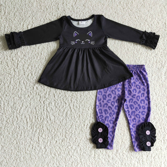GLP0212 girls outfit long sleeve and long pants black Leopard print