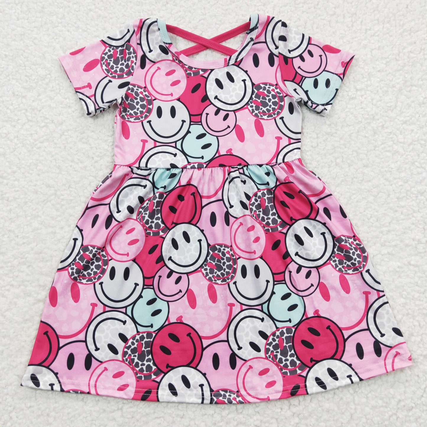 RTS NO MOQ GSD0312 Smiley pink rose red short-sleeved dress