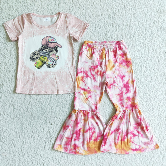 Girls outfit short sleeve long pants set cartoon print