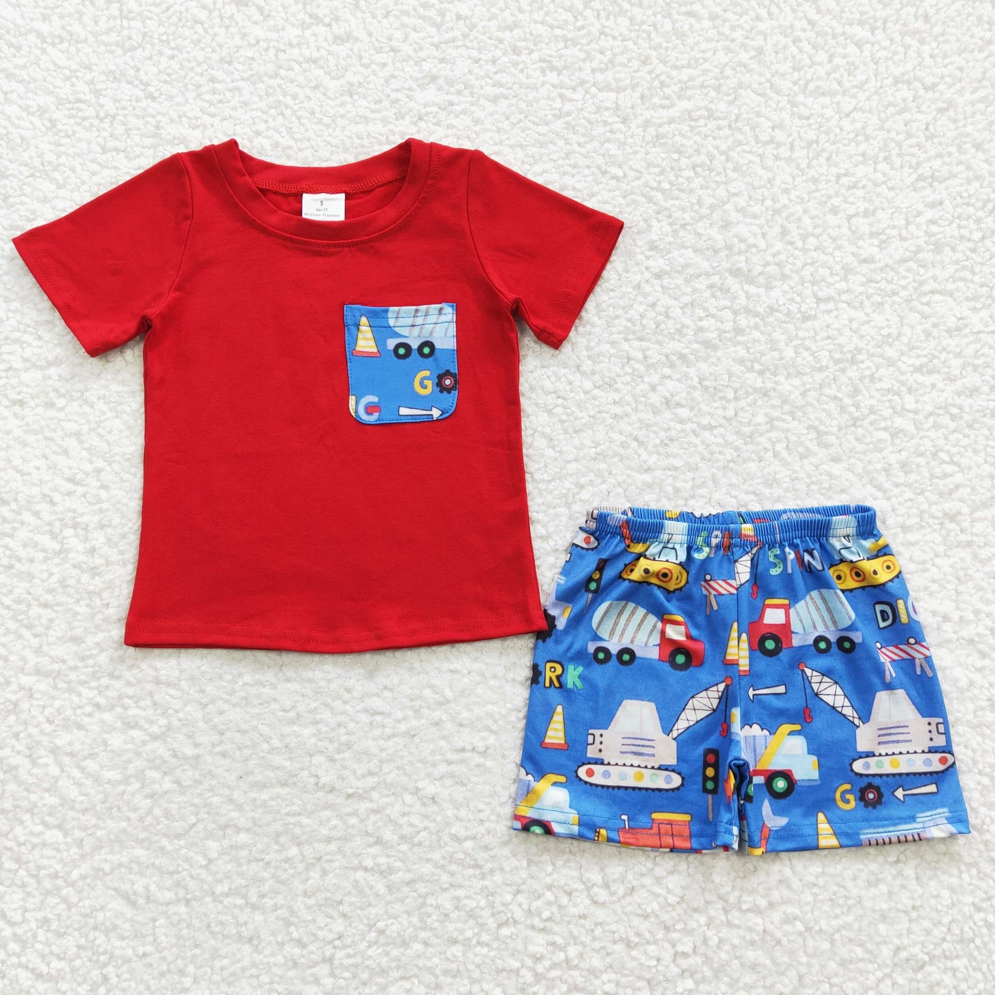 BSSO0233 Boys SPIN Construction Vehicle Red Pocket Short Sleeve Shorts Set