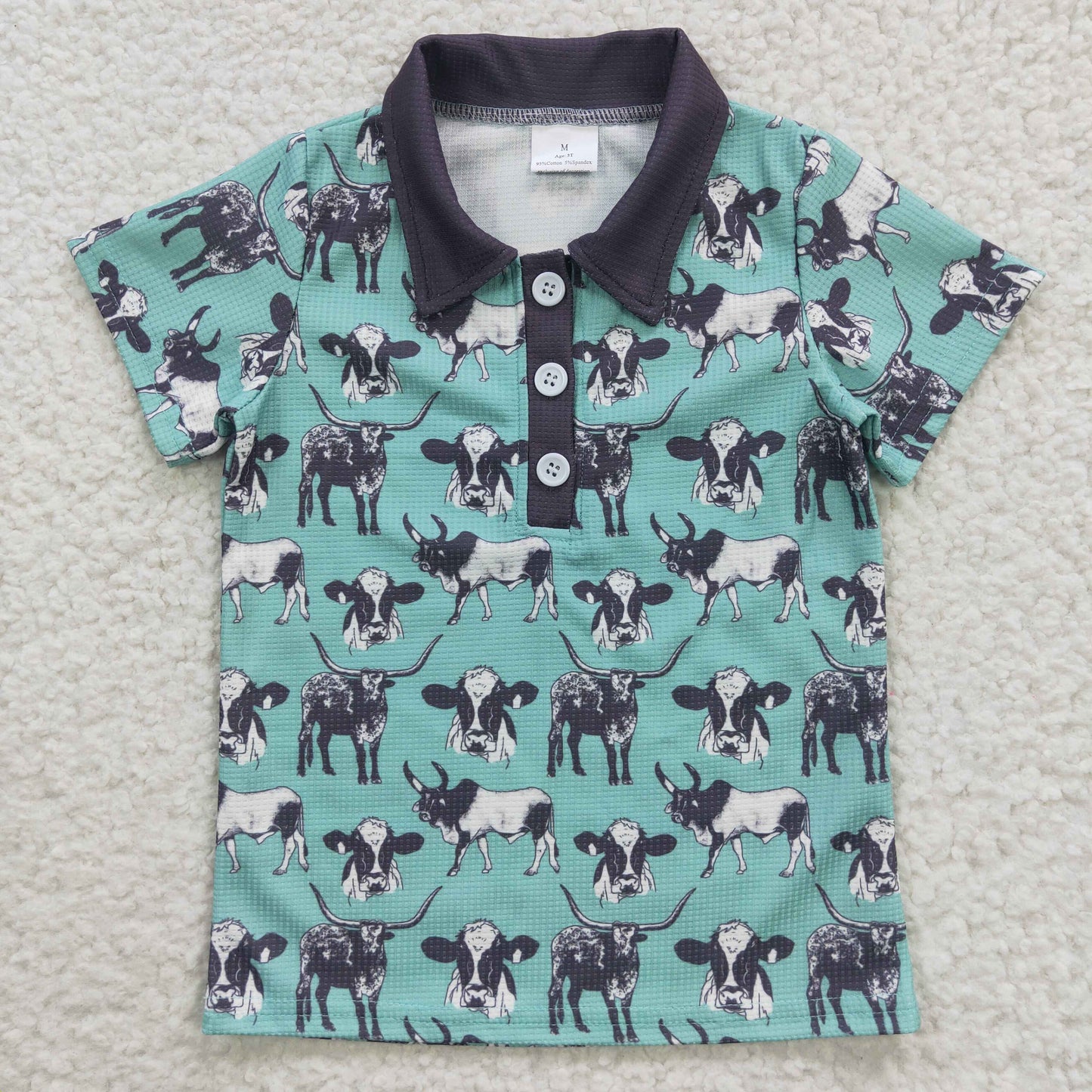 waffle fabric  BT0211 Boys Cow Blue Short Sleeve Top