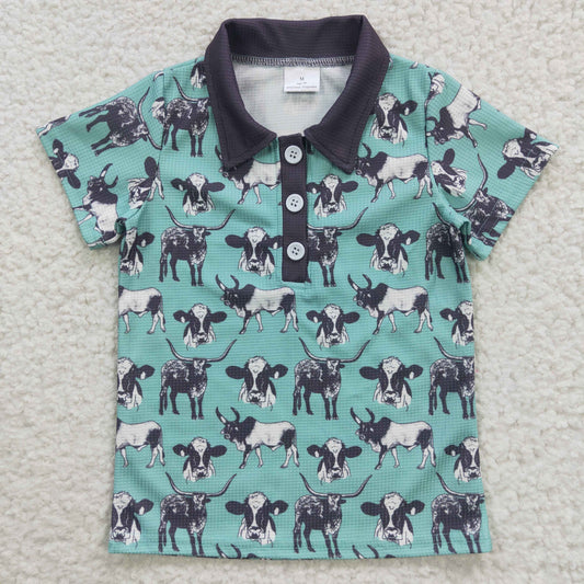 waffle fabric  BT0211 Boys Cow Blue Short Sleeve Top