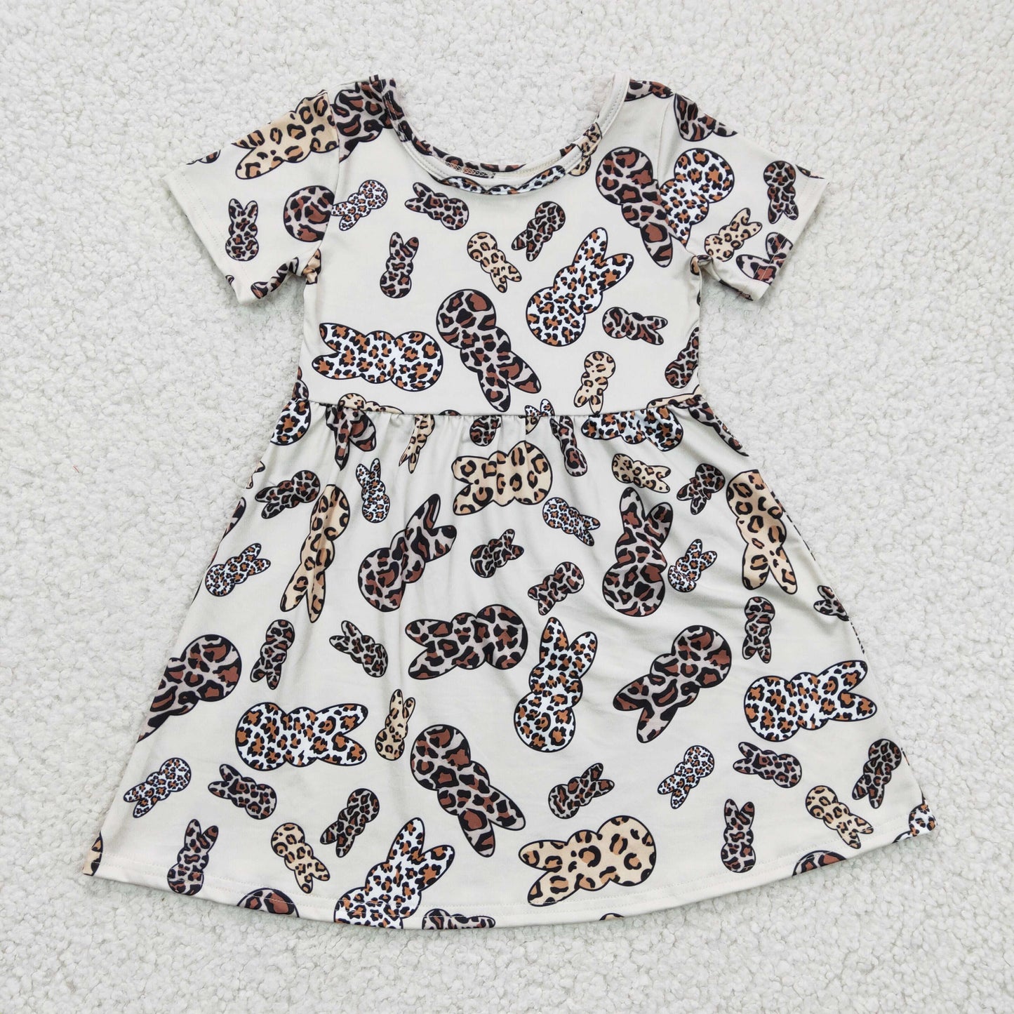 GSD0227 Girls Easter Leopard Print Rabbit Short Sleeve Dress