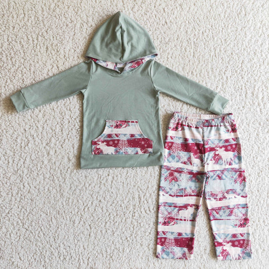 BLP0102 boys christmas outfit long sleeve and long pants deer print with a hat