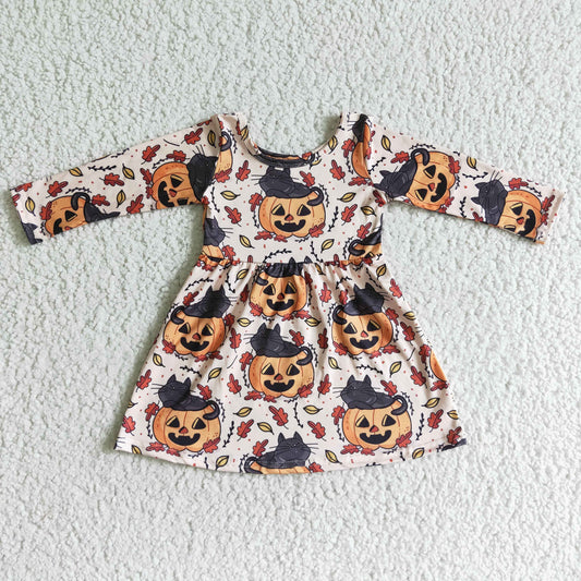 RTS NO MOQ（In Stock ) GLD0065 baby clothing long sleeve pumpkin print Halloween kids dresses for girls milk silk