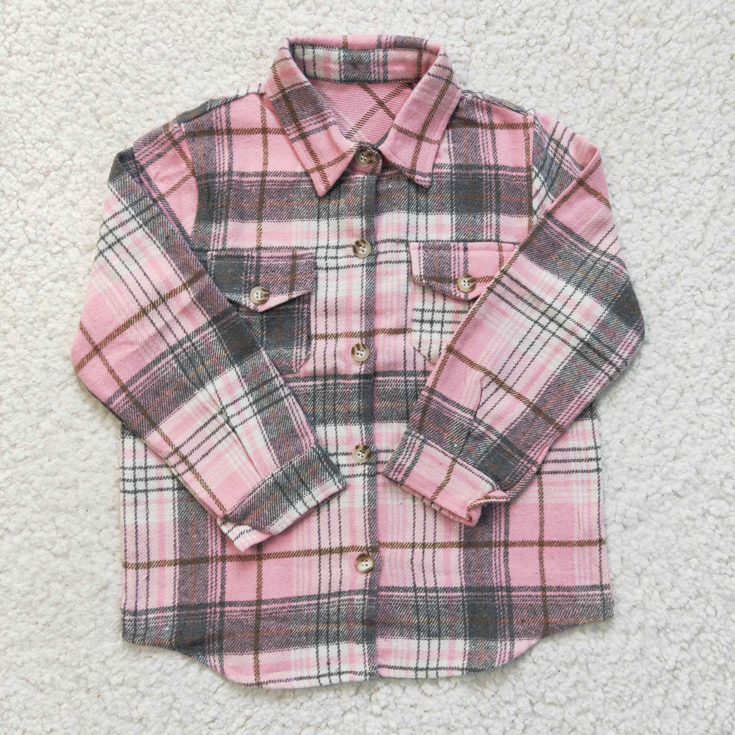 GT0094 Girls Pink Striped Plaid Pocket Long Sleeve Shirt