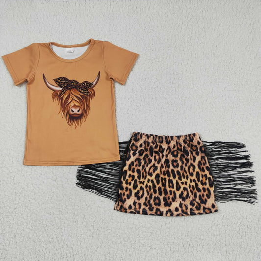 GSD0301 Girls Alpine Short Sleeve Leopard Print Fringe Skirt Set