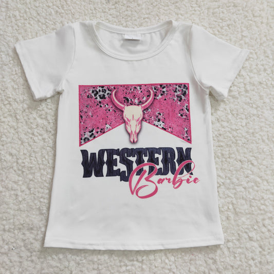 GT0134 Girls WEATERN pink bull head white short-sleeved top