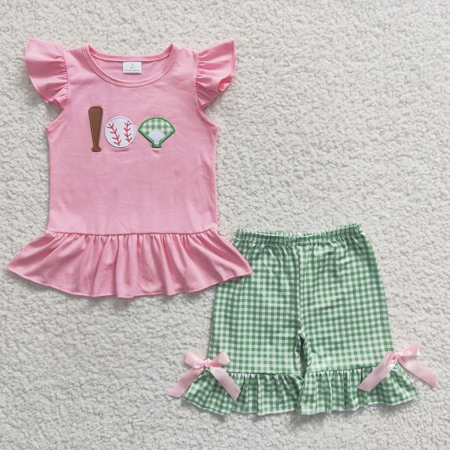 GSSO0205 Girls Pink Embroidered Baseball Flying Sleeves Green Plaid Shorts Set