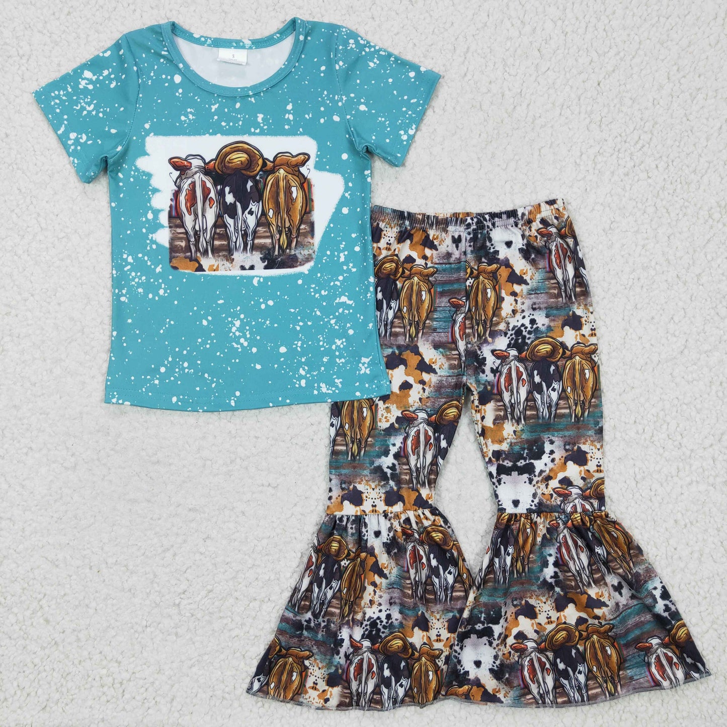 GSPO0279 Girls Cow Blue Short Sleeve Pants Set Milk Silk