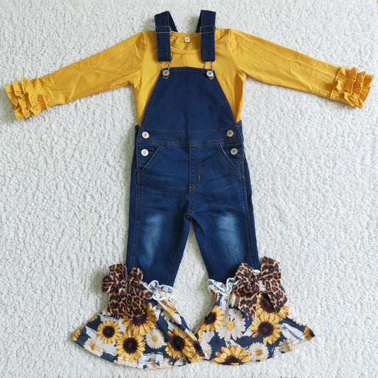 girls clothes sunflowers print plaid suspender jeans