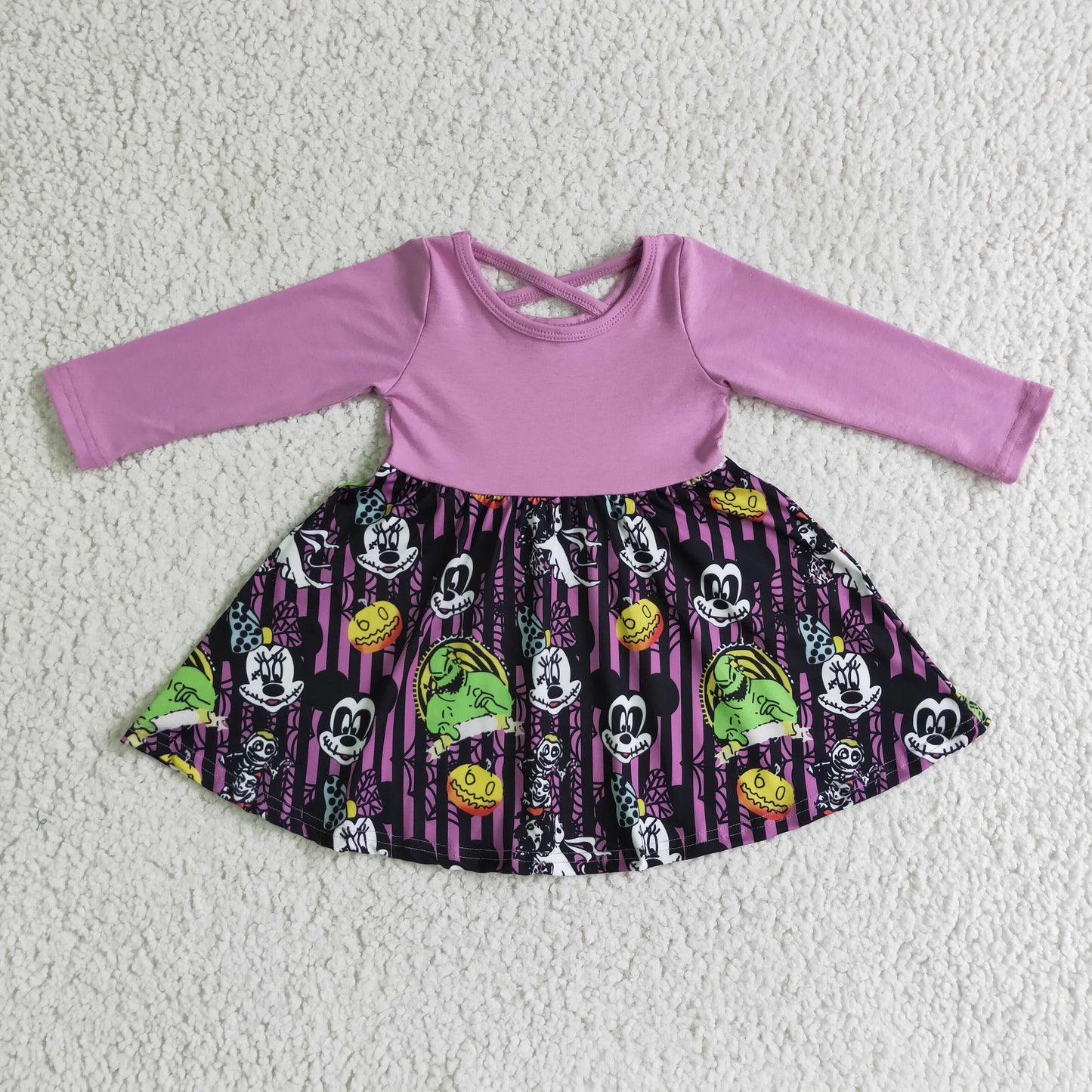 RTS NO MOQ GLD0059 baby clothing long sleeve cartoon print halloween kids dresses for girls milk silk