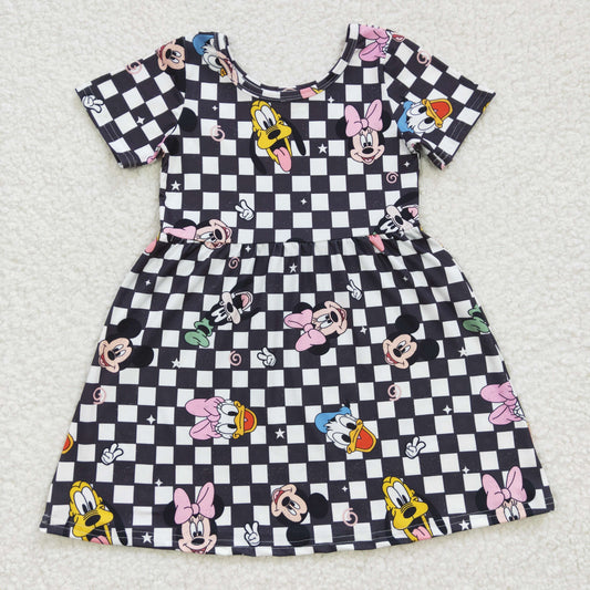 GSD0235 Girls Disney Cartoon Black Plaid Short Sleeve Dress