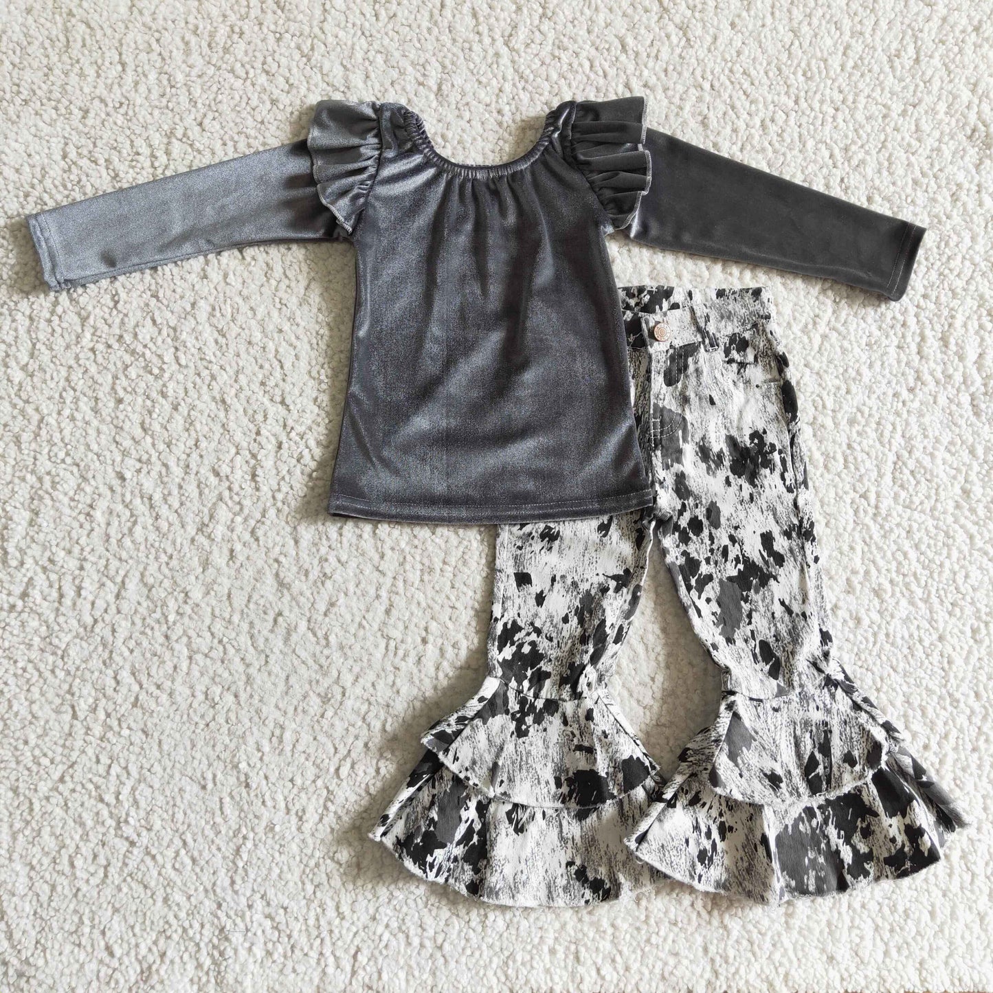 girls outfit grey gold velvet long sleeve and long pants