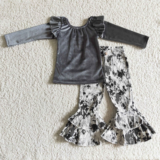 girls outfit grey gold velvet long sleeve and long pants