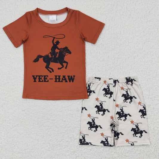 BSSO0189 Boys YEE-HAW Riding Brown Short Sleeve Shorts Set