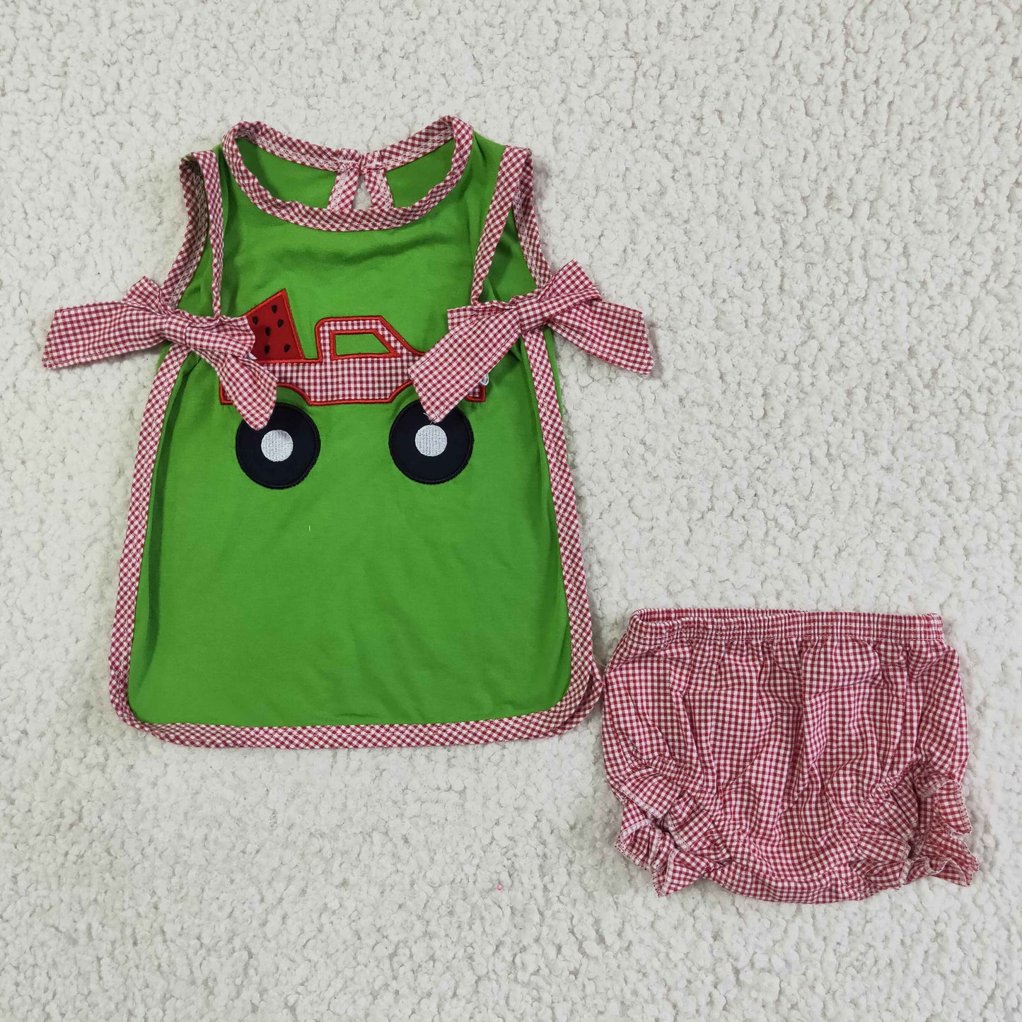 F9-10 Girls Car Embroidered Green Sleeveless Brief Set