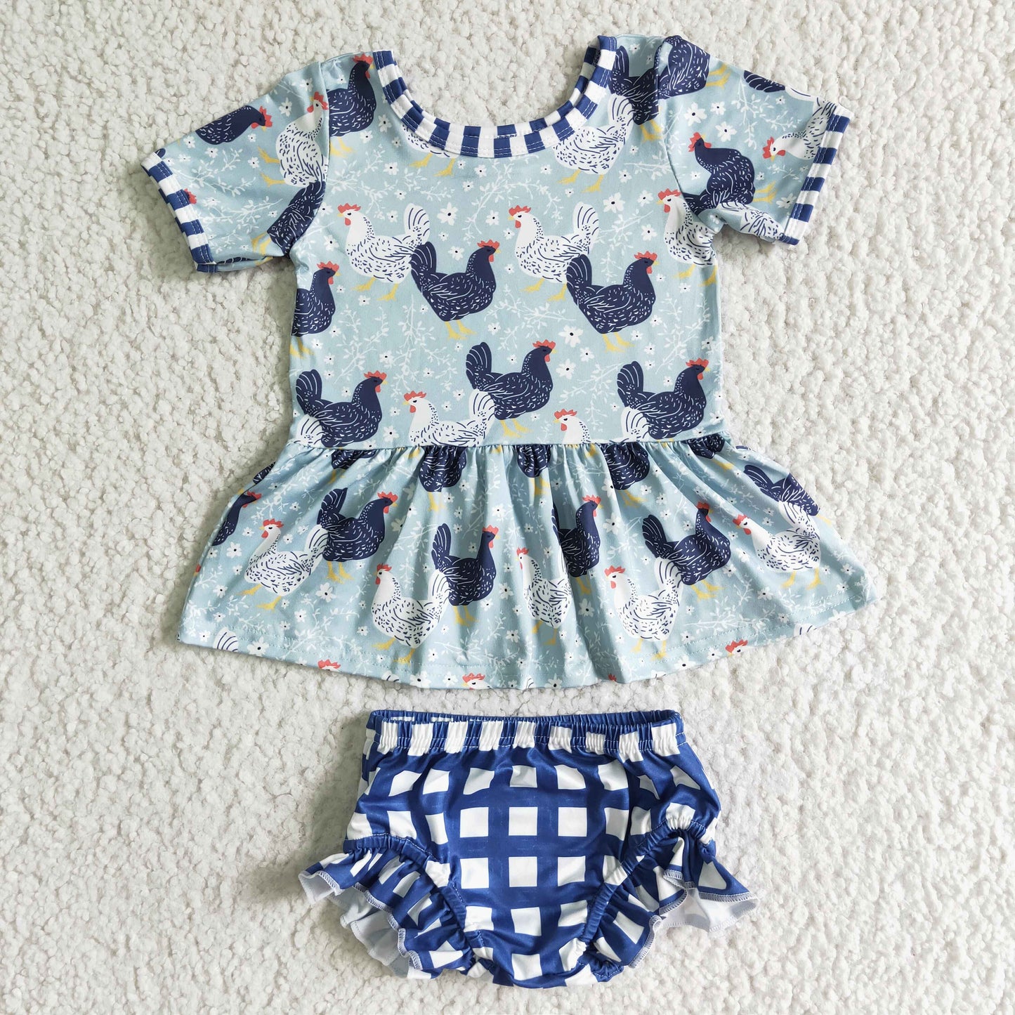 F8-28 Girls Chicken Print Short Sleeve Blue Plaid Briefs Suit