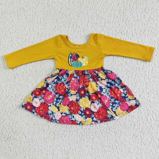 rts no moq GLD0003 Embroidered Pumpkin Flower Yellow Long Sleeve Dress