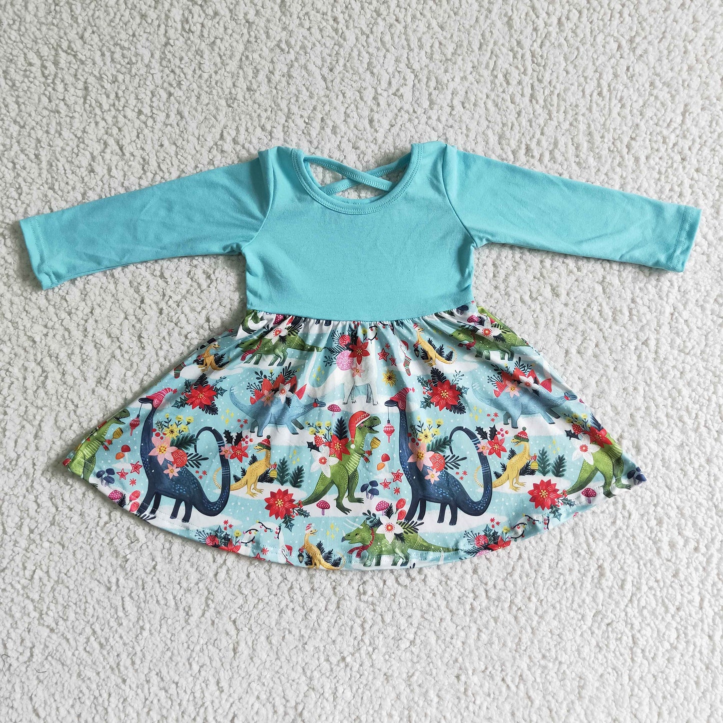 rts no moq  GLD0006 Christmas Dinosaur Flower Blue Long Sleeve Dress