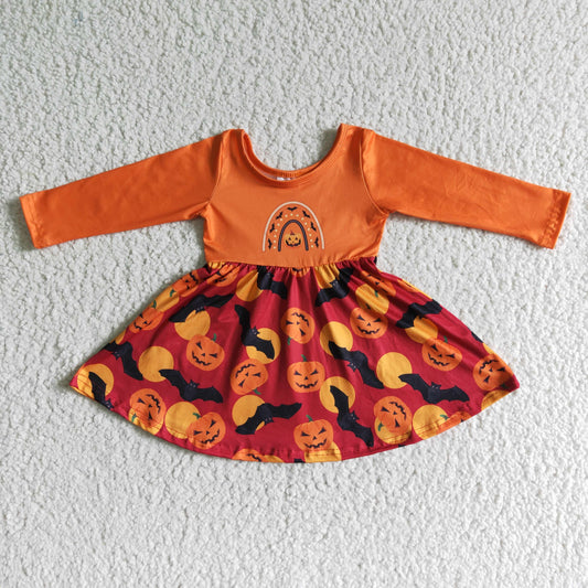 GLD0016 Halloween Pumpkin Bat Long Sleeve Dress