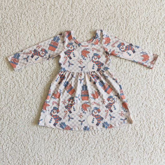 GLD0150 baby clothing long sleeve snowman print kids dresses for girls milk silk