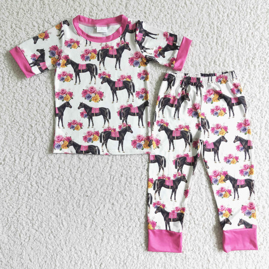 F11-17 Pony Pink Trim Short Sleeve Pant Set