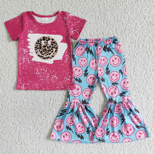 GSPO0084 Leopard Print Smiley Rose Short Sleeve Pants Set