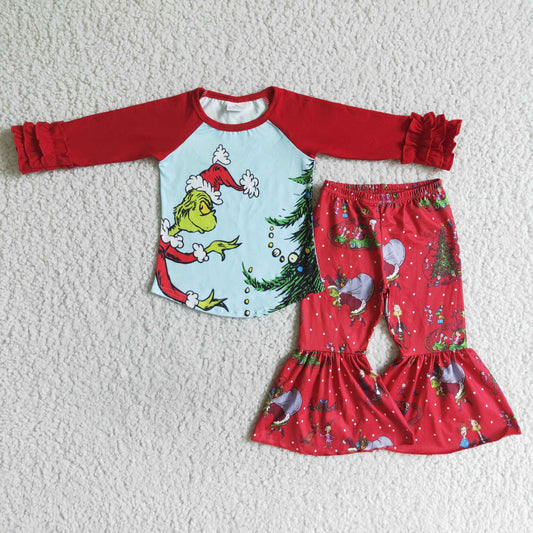 6 A17-14 Girls outfit Christmas Santa Avatar Print Long Sleeve Long Pants