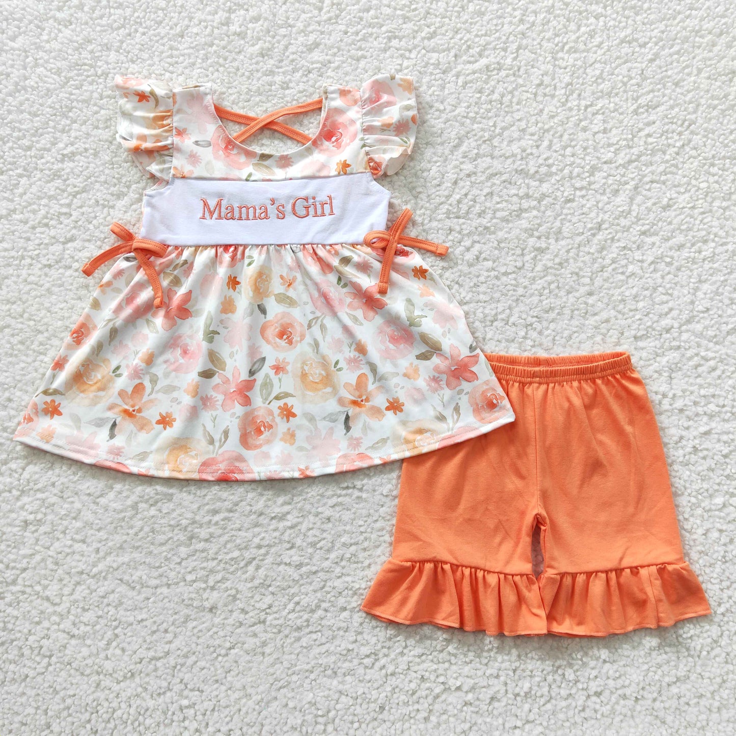 GSSO0235 Girls Embroidered mamas girl orange fly sleeve shorts set