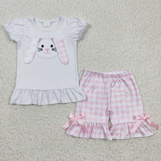 GSSO0128 Girls Embroidered Rabbit White Short Sleeve Pink Short Sleeve Suit