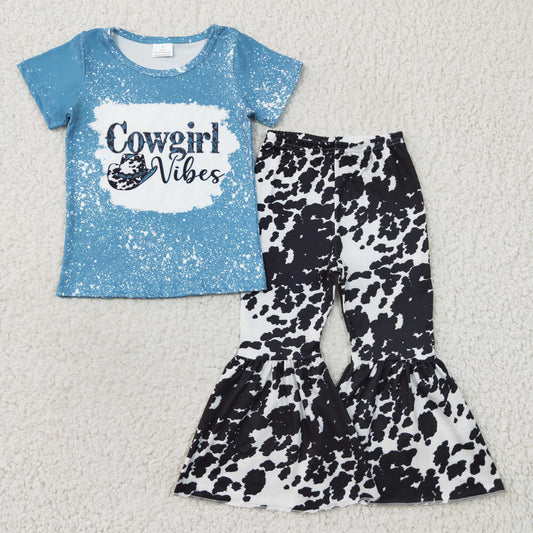 GSPO0316 Girls Cowgirl Blue Short Sleeve Pants Set Milk Silk