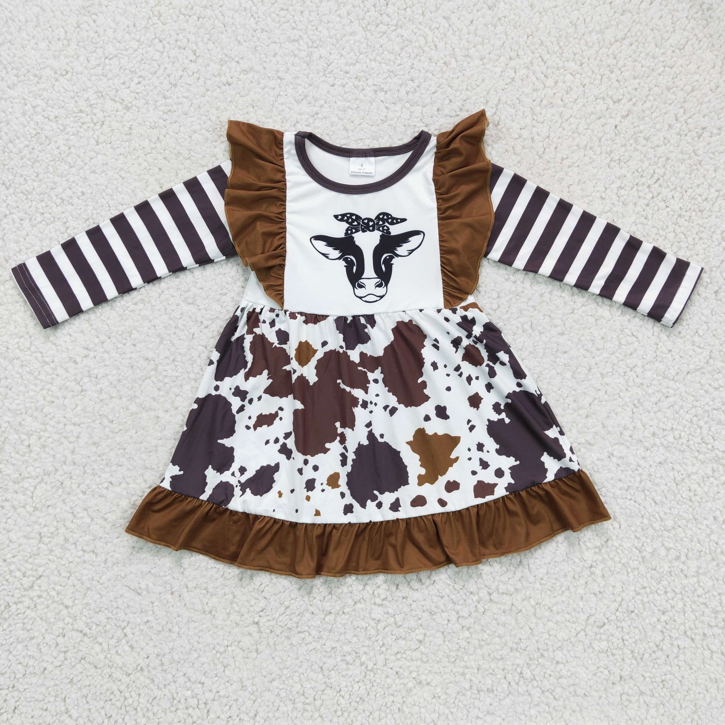 RTS NO MOQ ETA 5/7days arrived GLD0126 baby clothing long sleeve kids dresses for girls milk silk cow print