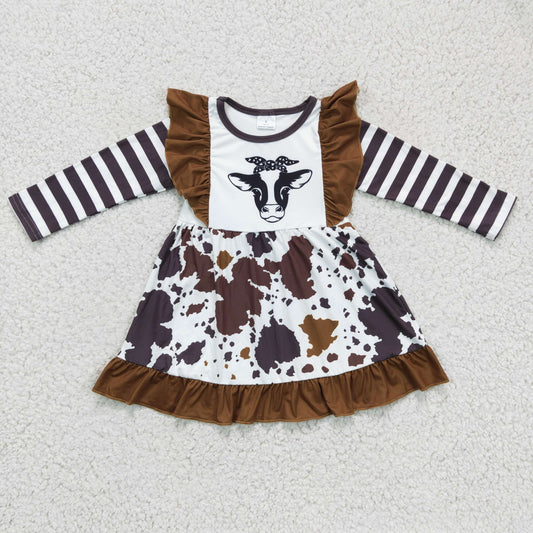 RTS NO MOQ ETA 5/7days arrived GLD0126 baby clothing long sleeve kids dresses for girls milk silk cow print